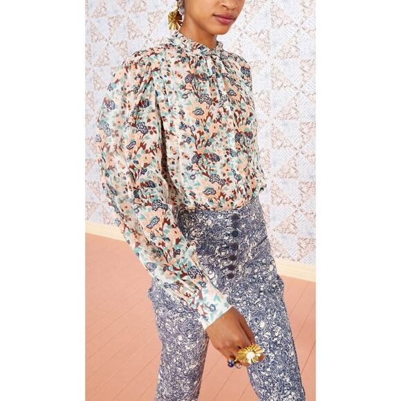 Ulla Johnson Tops - Ulla Johnson Edith Blouse 12 Gardenia Floral Silk Metallic Ruffle Top